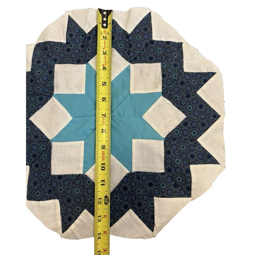 Vintage Hand Pieced Quilt Block Orphan Square 8-Point Star bright teal/navy 14